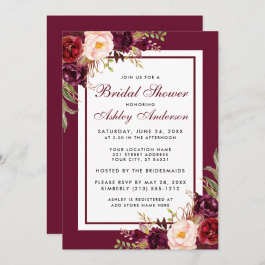 水彩フローラブルゴーニュブライダルシャワー 招待状 (正面/裏面)