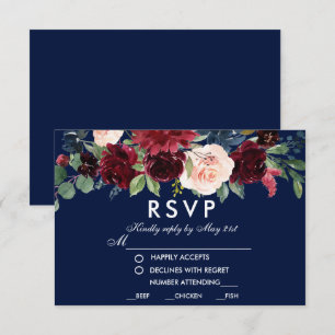 水彩フローラブルゴーニュ結婚ブルーの食事RSVP 出欠カード