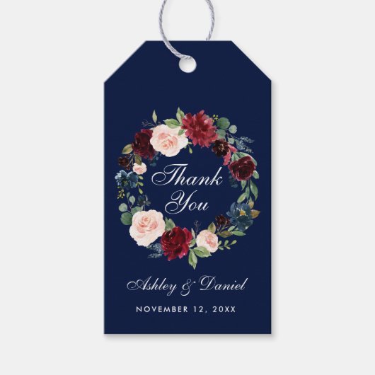 水彩フローラブルゴーニュ結婚ブルー感謝していズ ギフトタグ (正面)