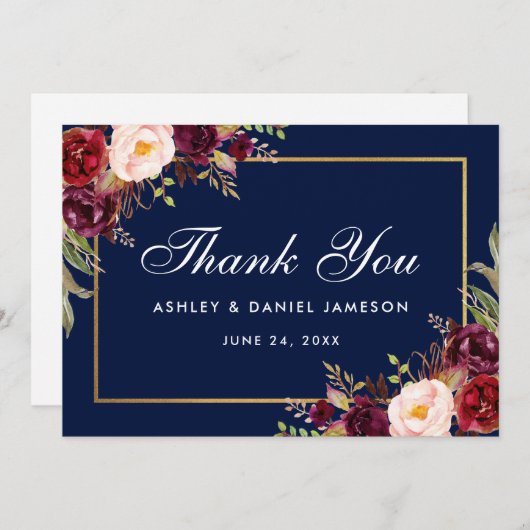 水彩フローラブルゴーニュ結婚ブルー感謝していズ サンキューカード (正面/裏面)