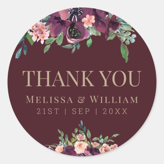 水彩フローラブルゴーニュ結婚ーズ・サンキュー ラウンドシール (正面)