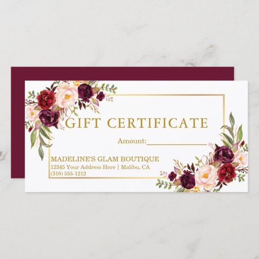 水彩フローラブルゴーニュ金ゴールドギフト証明書 (正面/裏面)
