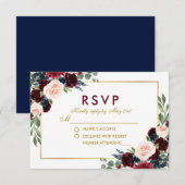 水彩フローラブルゴーニュ金ゴールドブルーウェディングRSVP 出欠カード (正面/裏面)