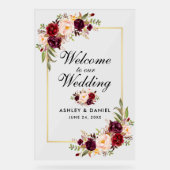 水彩フローラブルゴーニュ金ゴールド結婚ズ・ウェルカム アクリルサイン (正面)