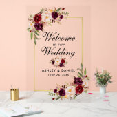水彩フローラブルゴーニュ金ゴールド結婚ズ・ウェルカム アクリルサイン (ウェディング)