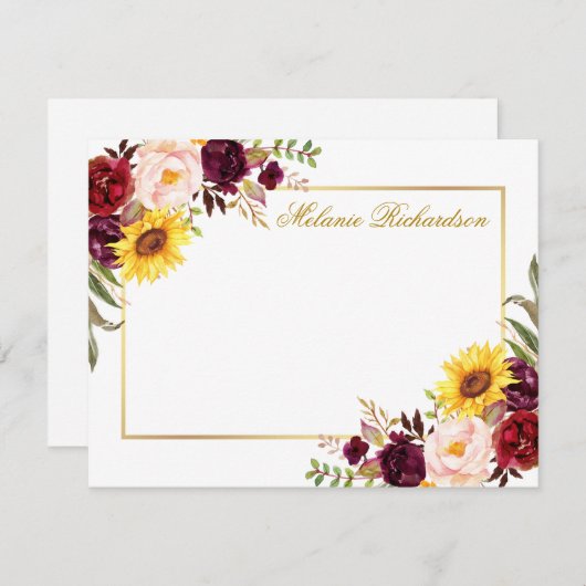 水彩フローラブルゴーニュ金ゴールド パーソナライズされた ノートカード (正面/裏面)