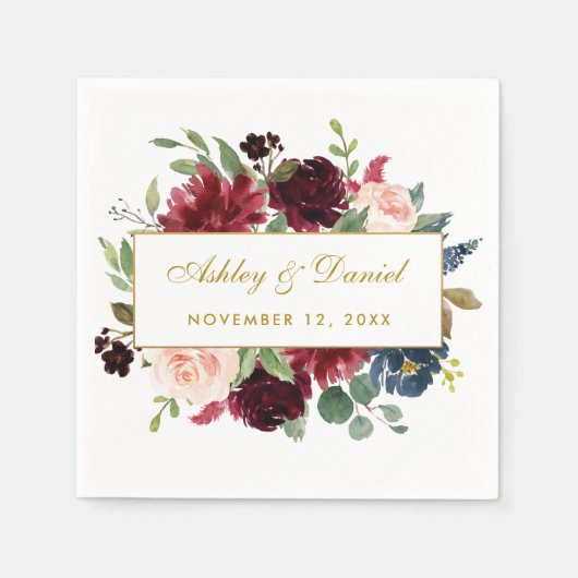 水彩フローラブルゴーニュ青金ゴールドの白 スタンダードカクテルナプキン (正面)