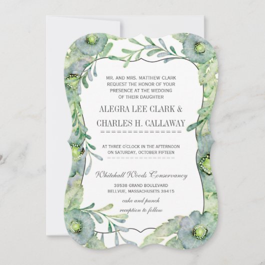 水彩フローラブルーとグリーン結婚ズ 招待状 (正面)