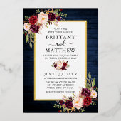 水彩フローラブルーウッドフォト金ゴールド 箔招待状 (正面)