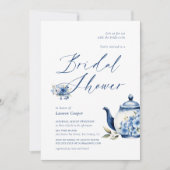 水彩フローラブルーティーパーティーブライダルシャワー 招待状 (正面)