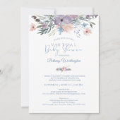 水彩フローラブルーバイオレットバーチャルベビーシャワー 招待状 (正面)