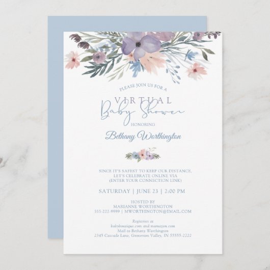 水彩フローラブルーバイオレットバーチャルベビーシャワー 招待状 (正面/裏面)