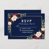 水彩フローラブルーブルガンディーウェディングRSVP 出欠カード (正面/裏面)