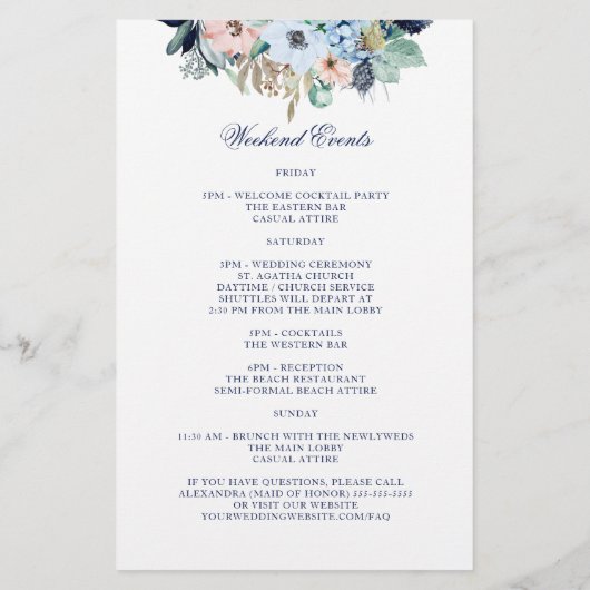 水彩フローラブルー結婚のウェルカム旅程 (裏面)