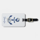 水彩フローラブルー航海のストライプー名かわいい ラゲッジタグ (正面横)