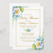 水彩フローラブルー金ゴールドベビーシャワー招待状 招待状 (正面/裏面)