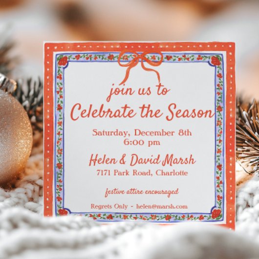 水彩フローラブロックプリントクリスマスパーティー 招待状