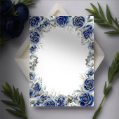 水彩フローラブーケのネイビー結婚ブルー 招待状