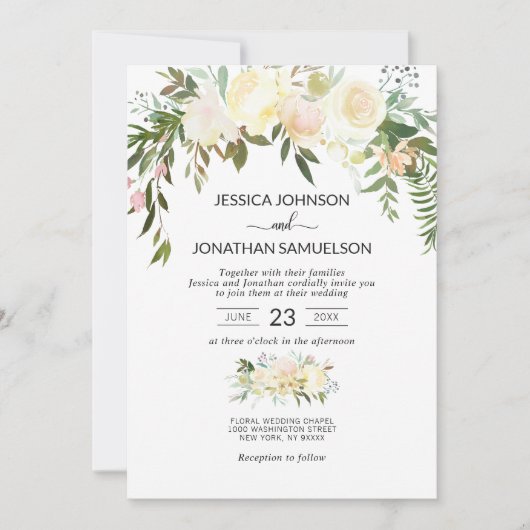 水彩フローラブーケピンクベージュアイボリー結婚ズ 招待状 (正面)