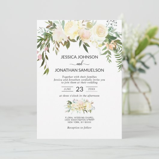 水彩フローラブーケピンクベージュアイボリー結婚ズ 招待状 (スタンド正面)