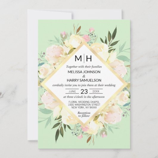 水彩フローラブーケピンクミント金ゴールド結婚ズ 招待状 (正面)
