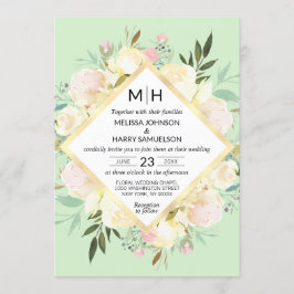 水彩フローラブーケピンクミント金ゴールド結婚ズ 招待状