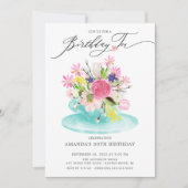 水彩フローラブーケ誕生日ティー招待状 招待状 (正面)