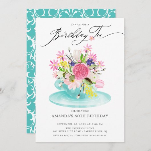 水彩フローラブーケ誕生日ティー招待状 招待状 (正面/裏面)