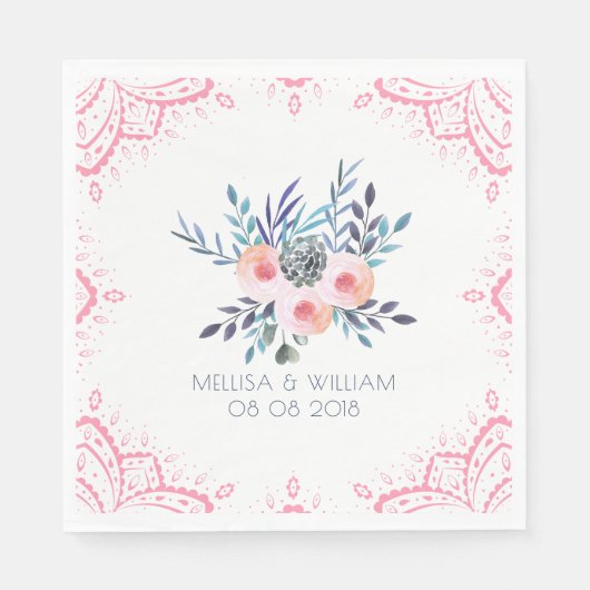 水彩フローラブーケ&ピンクフレーム スタンダードランチョンナプキン (正面)