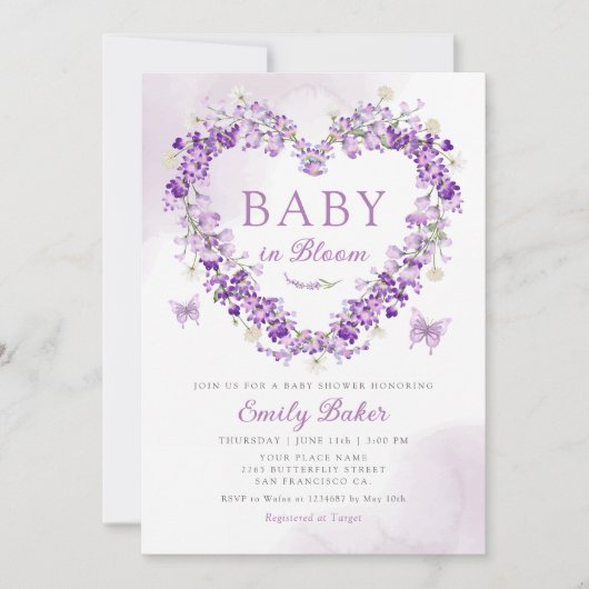 水彩フローラベビーイン開花ガールベビーシャワー 招待状 (正面)