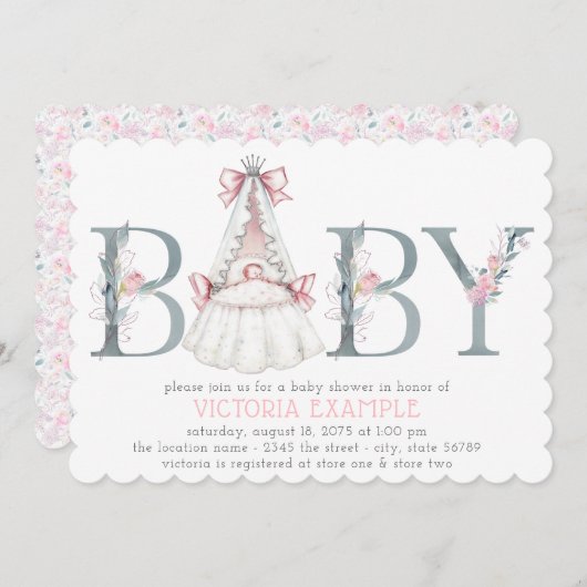 水彩フローラベビーガールシャワー招待状 招待状 (正面/裏面)