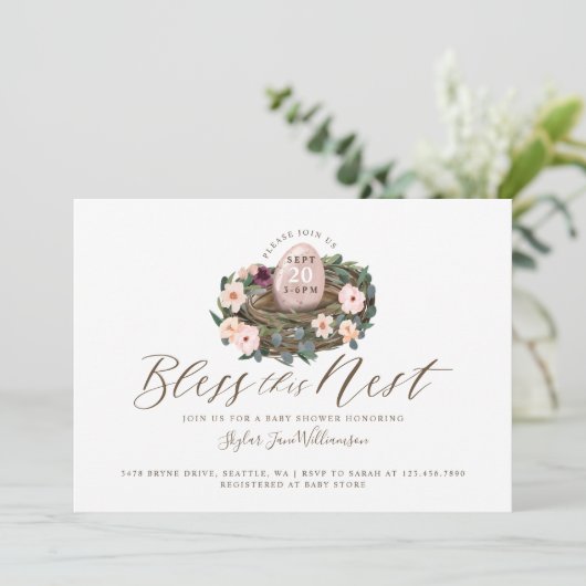 水彩フローラベビーガールバードネストベビーシャワー 招待状 (スタンド正面)