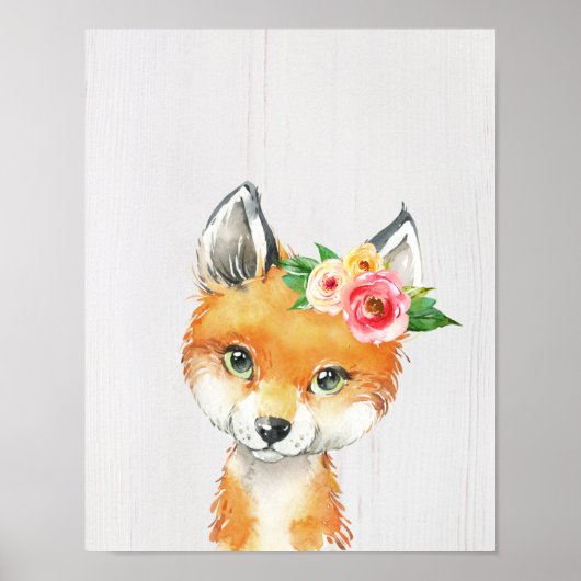 水彩フローラベビーキツネ、ウッドランド動物 ポスター (正面)
