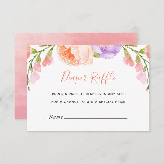 水彩フローラベビーシャワーおむつラッフルカード エンクロージャーカード (正面/裏面)