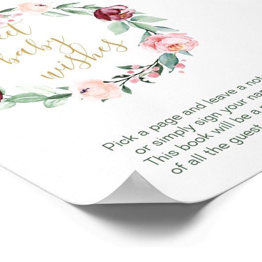 水彩フローラベビーシャワーゲストブックサイン ポスター (角)