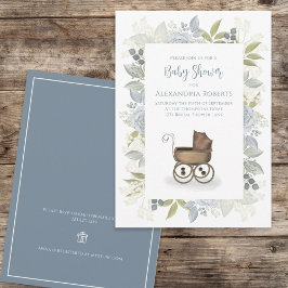 水彩フローラベビーブルーキャリッジギフトレジストリ 招待状