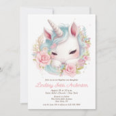 水彩フローラベビーユニコーンガールバプテスマ 招待状 (正面)