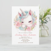 水彩フローラベビーユニコーンガールバプテスマ 招待状 (スタンド正面)
