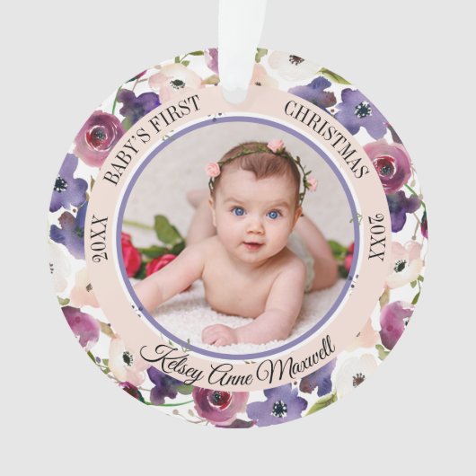 水彩フローラベビー初めてのクリスマス写真 オーナメント (正面)
