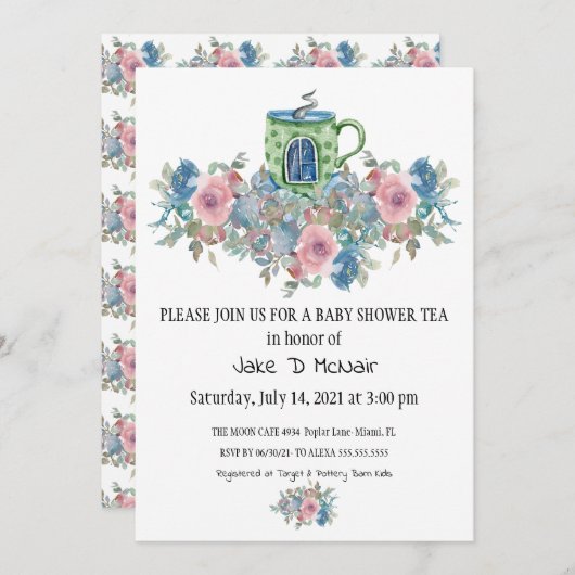 水彩フローラベビー茶パーティの招待状 招待状 (正面/裏面)