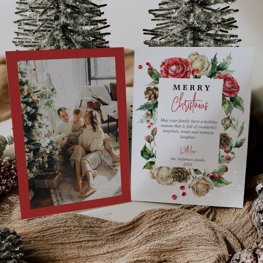 水彩フローラベリーフレームフォトクリスマス シーズンカード
