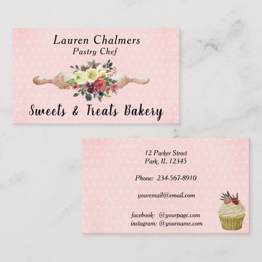 水彩フローラベーキングピンペストリーシェフ 名刺 (正面/裏面)