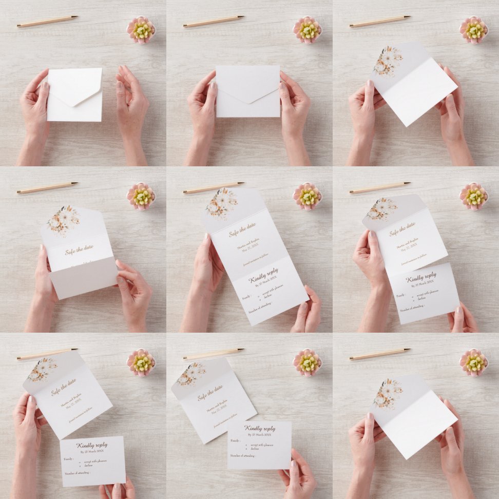 水彩フローラベージュと金ゴールド オールインワン招待状