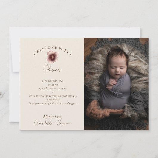 水彩フローラベージュツーフォト誕生 案内状 (裏面)