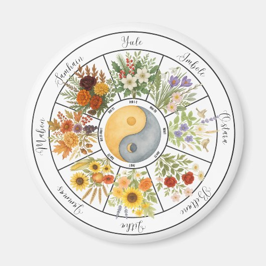 水彩フローラホイールの年異教のWicca マグネット (正面)