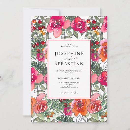 水彩フローラホリーベリークリスマスクリスマス結婚ズ 招待状 (正面)