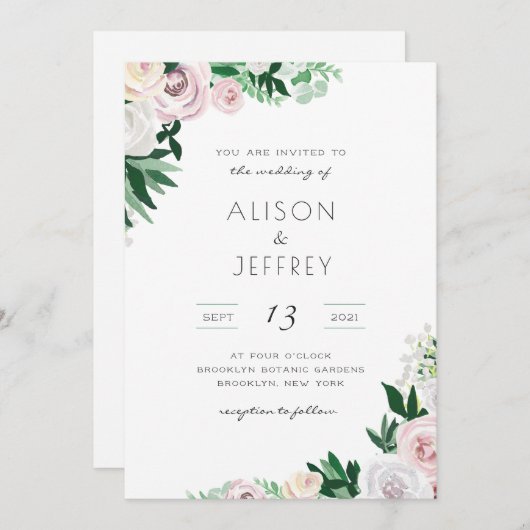 水彩フローラホワイトグリーンピンク結婚ズ 招待状 (正面/裏面)