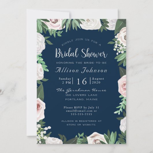 水彩フローラホワイトグリーンブライダルシャワーカード 招待状 (正面)