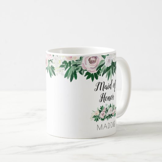 水彩フローラホワイトグリーンメイド・オブ・オーナー(花嫁付き添い人)のお気に入り コーヒーマグカップ (正面右)