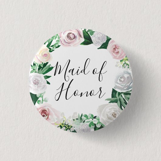 水彩フローラホワイトグリーンメイド・オブ・オーナー(花嫁付き添い人) 缶バッジ (正面)